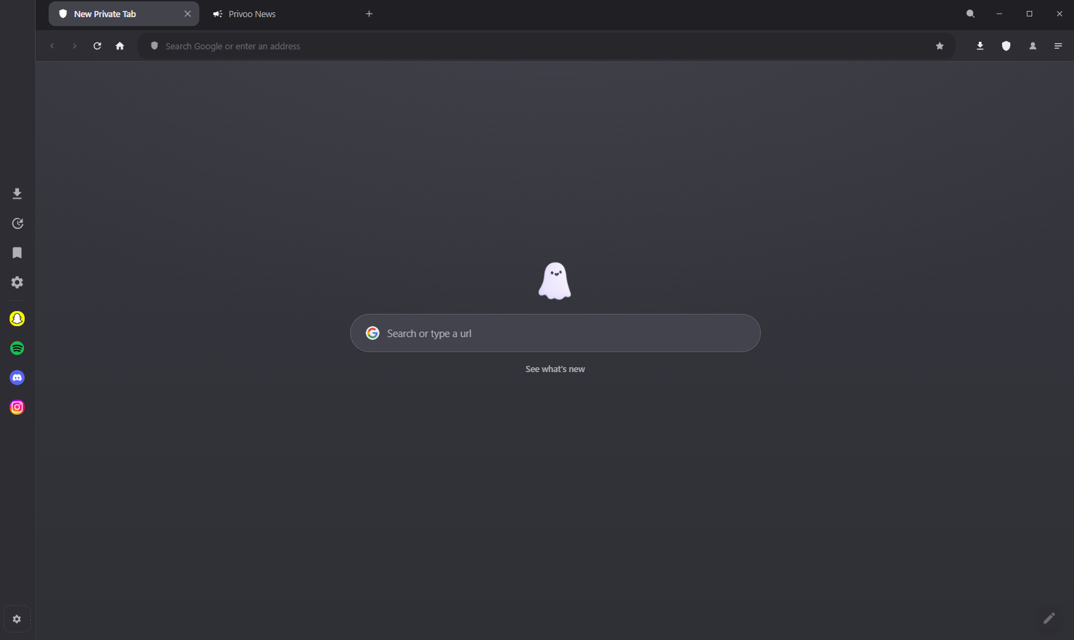 The Privoo new tab page, showing a search bar, a weather pill in the corner and shortcut tiles.