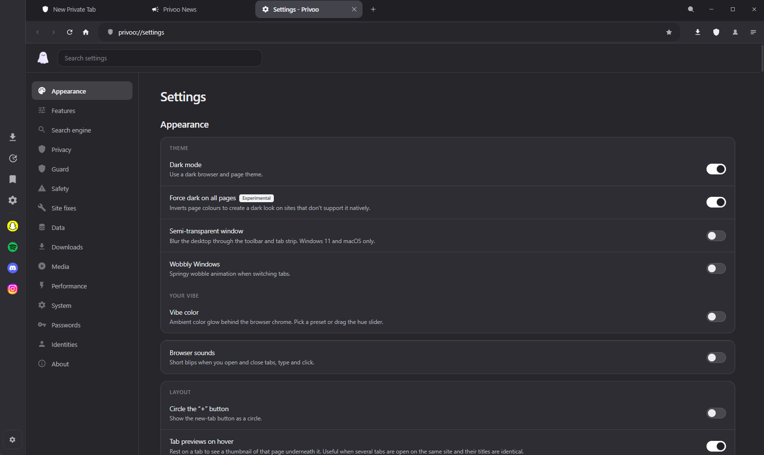 Privoo settings, showing the sections list on the left and switches on the right.