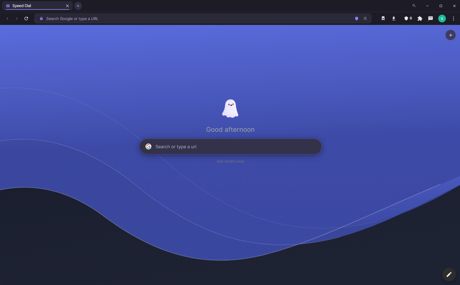 Privoo Desktop's Speed Dial new tab page, showing the ghost mascot, a greeting and the search field over a wave background.